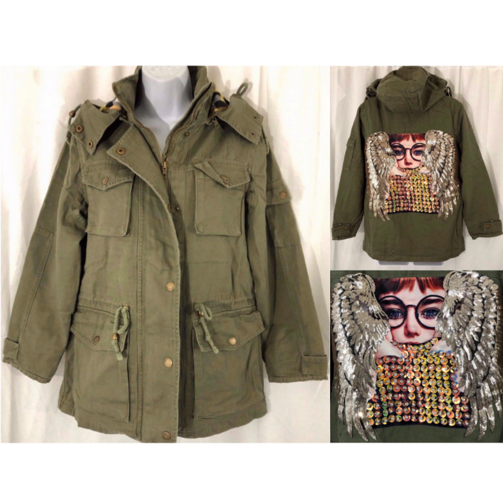 NEW Army Green Embellished Hooded Utility Jacket